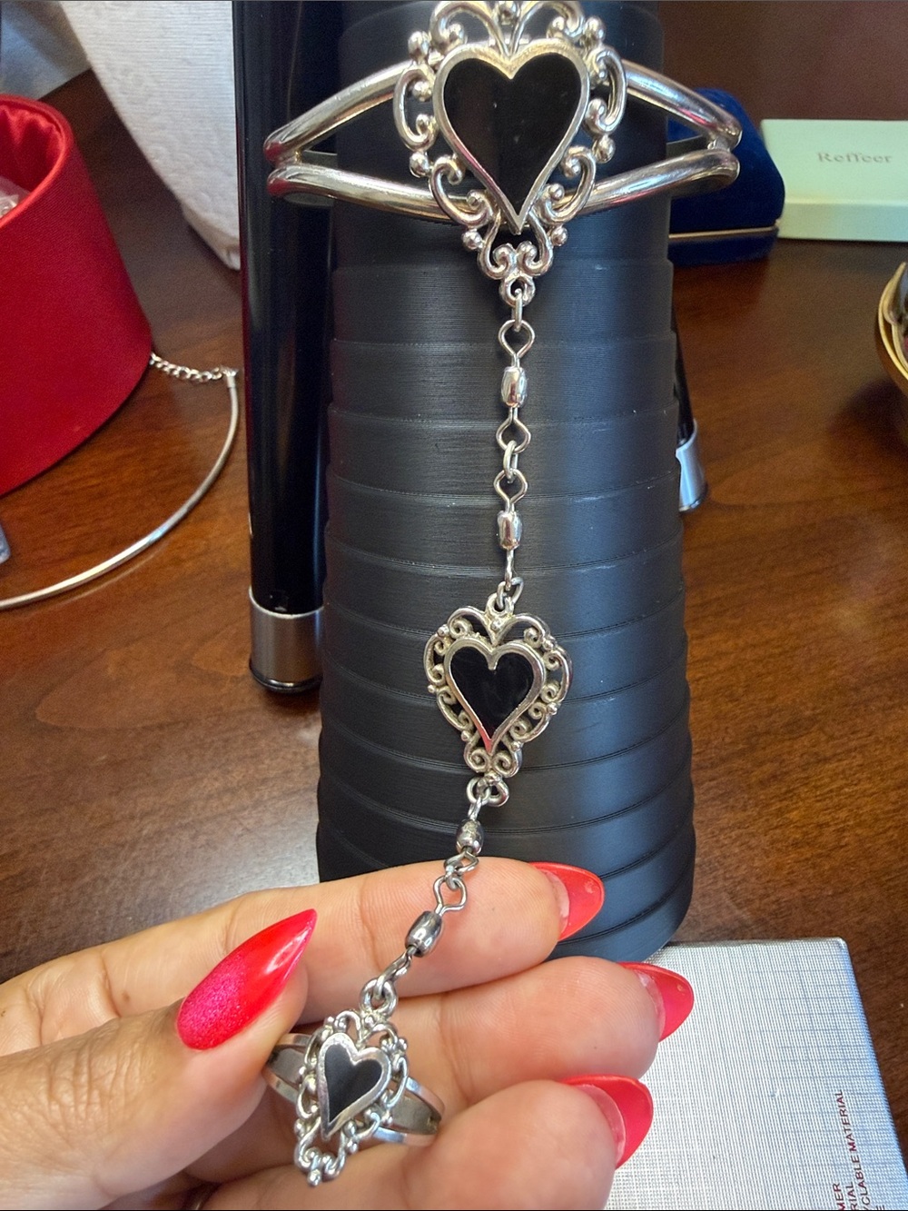 Silver tone Heart Link Hand Chain Bracelet with Black Accents